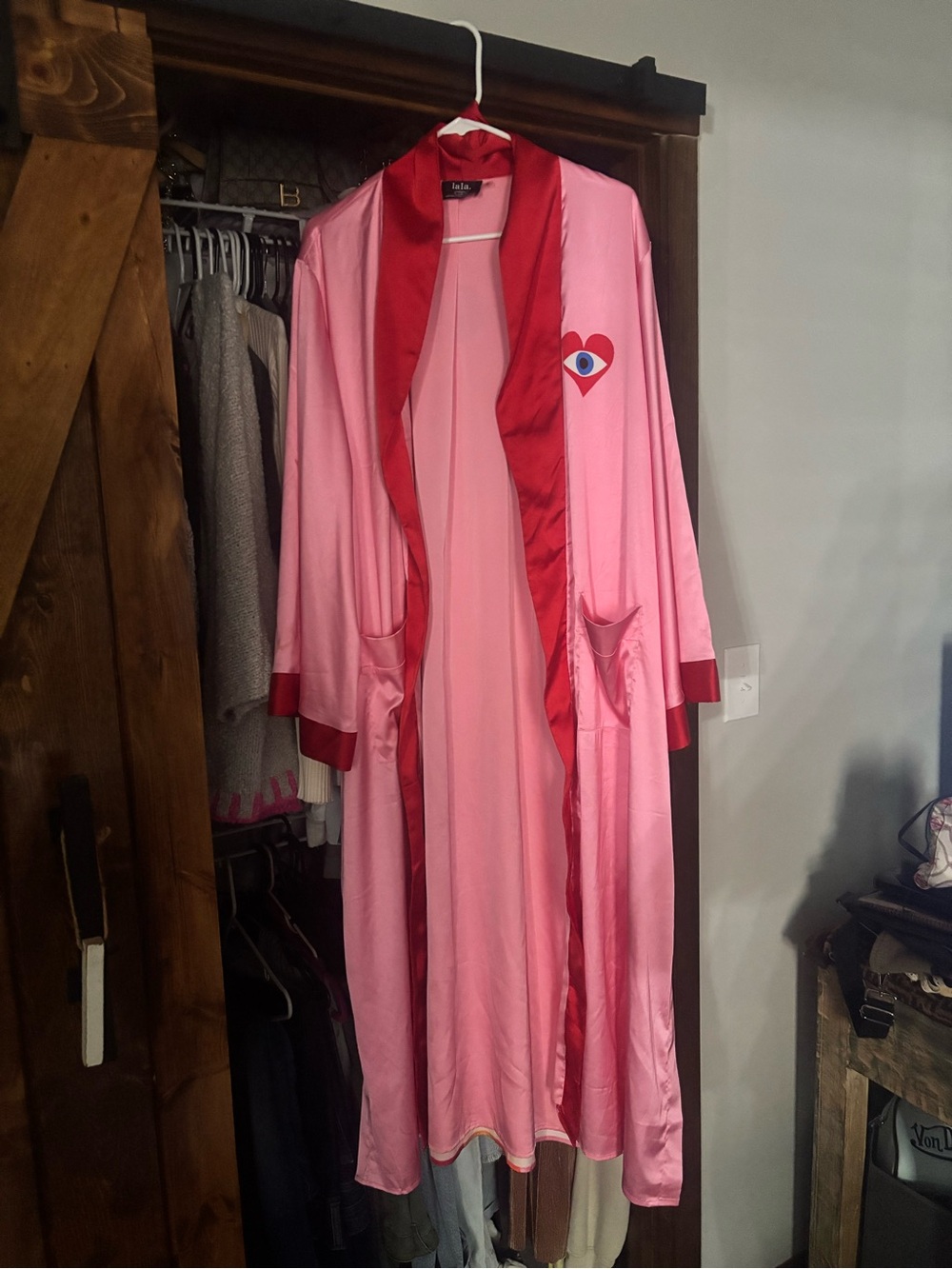 Dressed in LALA Pink Satin Kimono with Rainbow Eye Motif - Picture 2 of 3